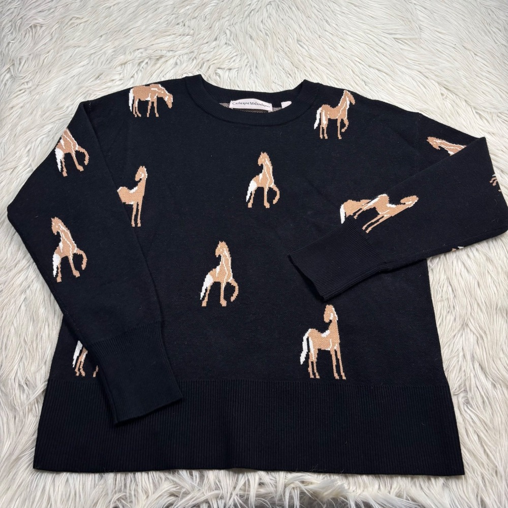 Catherine Malandrino Women's M Black Horse Print Crew Sweater Dopamine Western